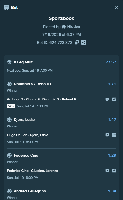 Bet slip: Den Ouden, Guy - Tom Gentzsch, $11,740.00 stake at 1.54 odds, placed by Hidden