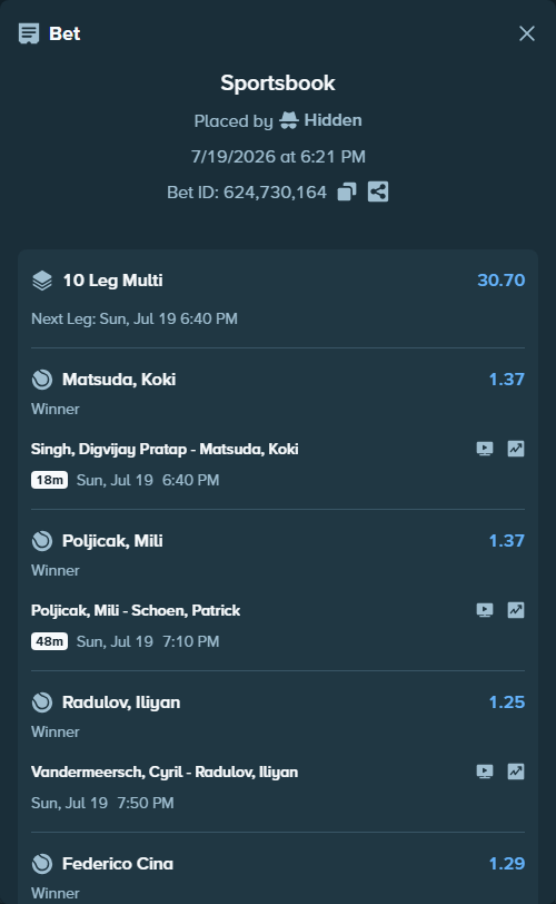 Bet slip: Den Ouden, Guy - Tom Gentzsch, $13,260.00 stake at 1.54 odds, placed by Hidden
