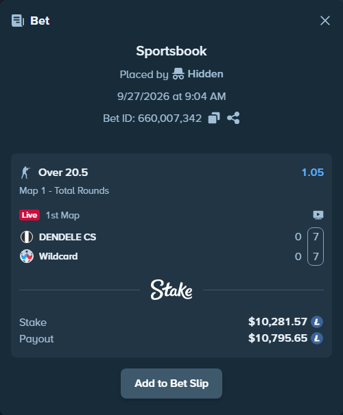 Bet slip: DENDELE CS - Wildcard, $10,214.95 stake at 1.05 odds, placed by Hidden