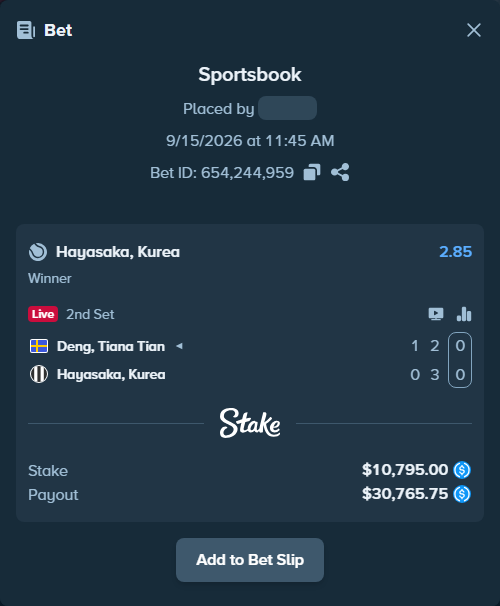 Bet slip: Deng, Tiana Tian - Hayasaka, Kurea, $10,795.00 stake at 2.85 odds, placed by kuwkuw
