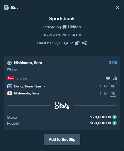 Bet slip: Deng, Tiana Tian - Nishimoto, Sera, $20,000.00 stake at 3.00 odds, placed by Hidden