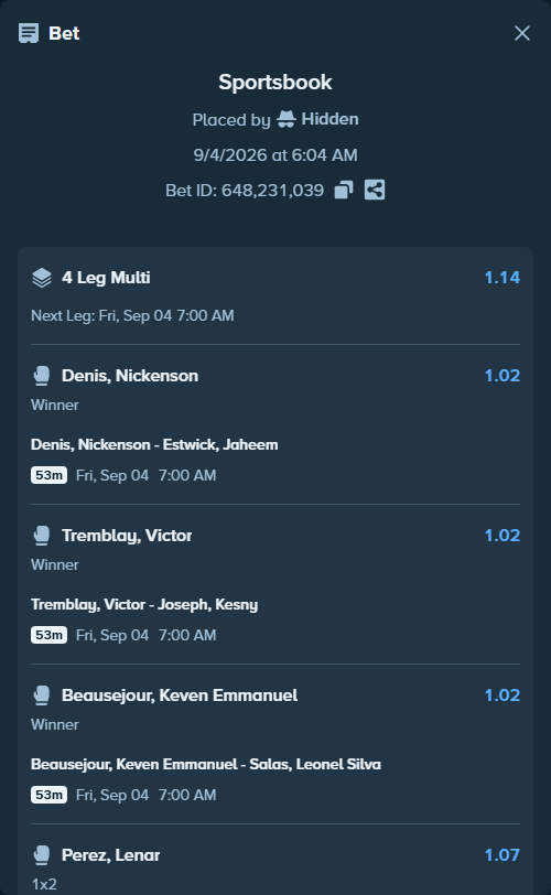 Bet slip: Denis, Nickenson - Estwick, Jaheem, $18,614.78 stake at 1.02 odds, placed by Hidden