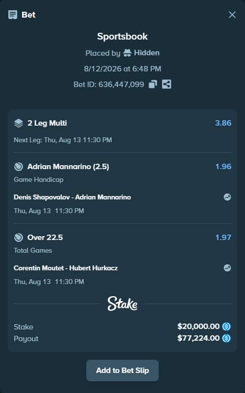 Bet slip: Denis Shapovalov - Adrian Mannarino, $20,000.00 stake at 1.96 odds, placed by Hidden
