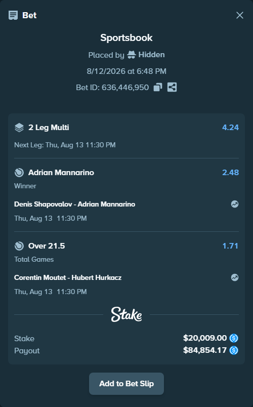 Bet slip: Denis Shapovalov - Adrian Mannarino, $20,009.00 stake at 2.48 odds, placed by Hidden