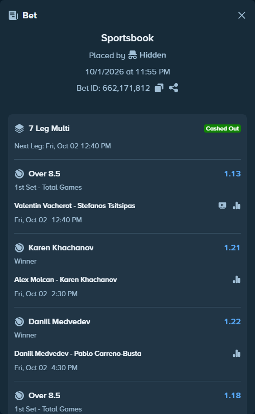 Bet slip: Denis Shapovalov - Alejandro Tabilo, $25,000.00 stake at 1.18 odds, placed by OplatekRafal