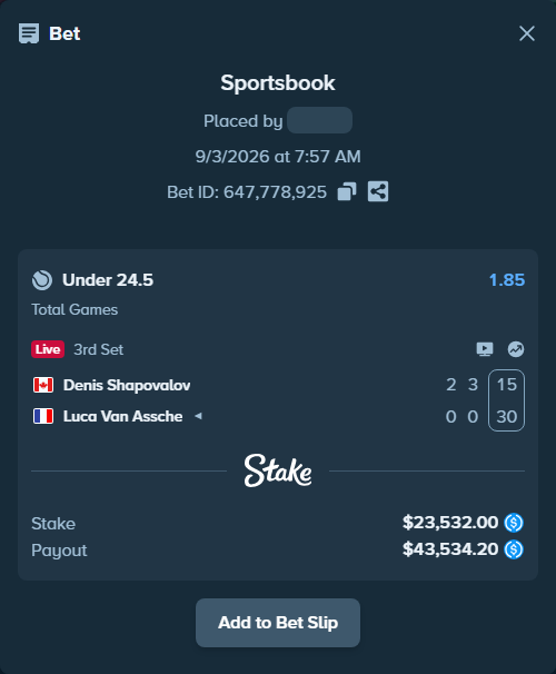 Bet slip: Denis Shapovalov - Luca Van Assche, $23,532.00 stake at 1.85 odds, placed by privetmedvet15