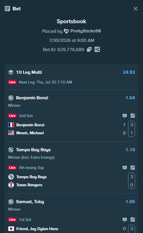 Bet slip: Denis Shapovalov - Rodrigo Pacheco Mendez, $116,279.53 stake at 1.45 odds, placed by Prettylfacko98