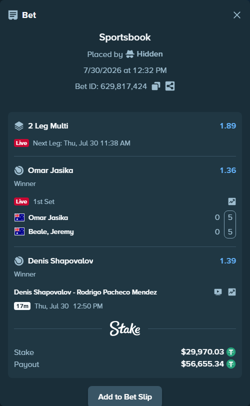 Bet slip: Denis Shapovalov - Rodrigo Pacheco Mendez, $30,000.00 stake at 1.39 odds, placed by Hidden