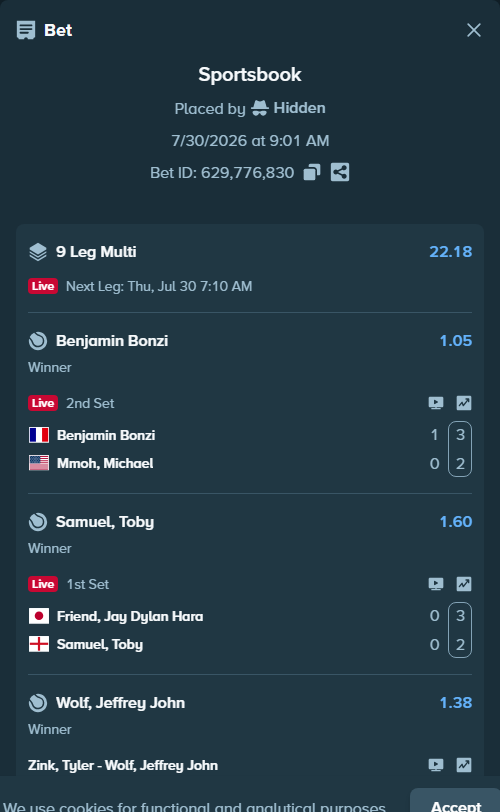 Bet slip: Denis Shapovalov - Rodrigo Pacheco Mendez, $64,650.34 stake at 1.45 odds, placed by Prettylfacko98