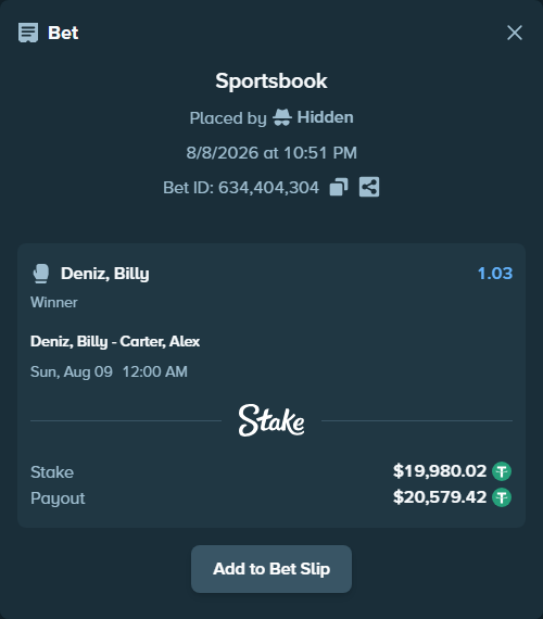 Bet slip: Deniz, Billy - Carter, Alex, $20,000.00 stake at 1.03 odds, placed by Hidden