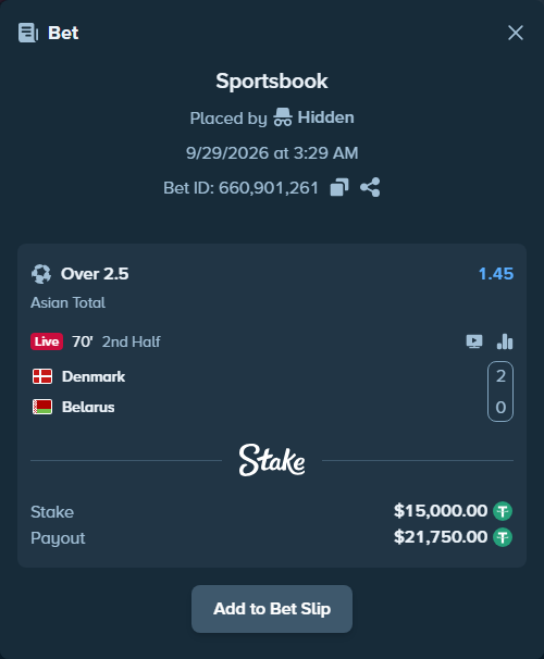 Bet slip: Denmark - Belarus, $15,000.00 stake at 1.45 odds, placed by Hidden