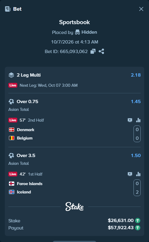 Bet slip: Denmark - Belgium, $26,631.00 stake at 1.45 odds, placed by Hidden