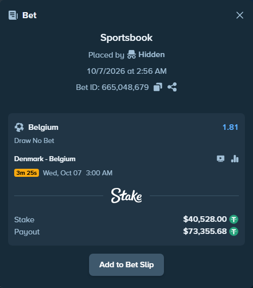 Bet slip: Denmark - Belgium, $40,528.00 stake at 1.81 odds, placed by Hidden