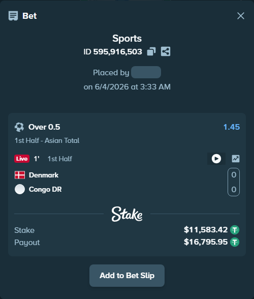 Bet slip: Denmark - Congo DR, $11,595.00 stake at 1.45 odds, placed by rmaghsdudthd