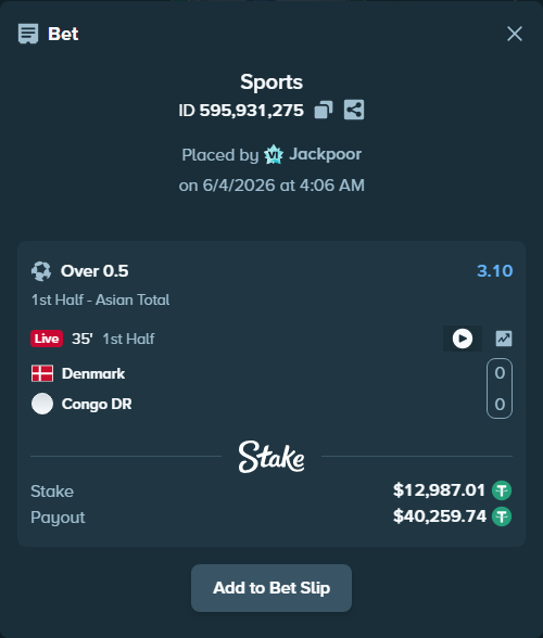 Bet slip: Denmark - Congo DR, $13,000.00 stake at 3.10 odds, placed by Jackpoor