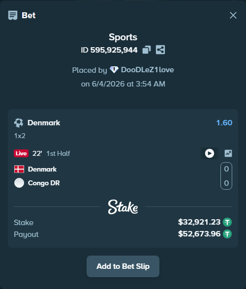 Bet slip: Denmark - Congo DR, $32,954.15 stake at 1.60 odds, placed by DooDLeZ1love