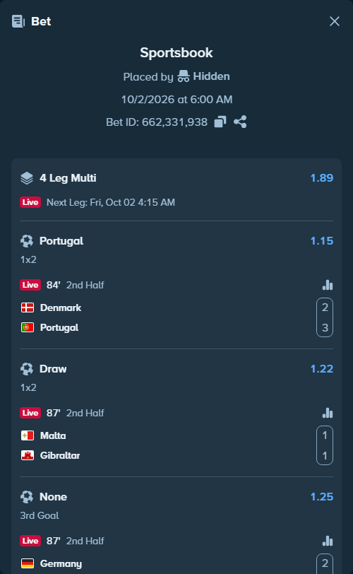 Bet slip: Denmark - Portugal, $10,000.00 stake at 1.15 odds, placed by Usklood