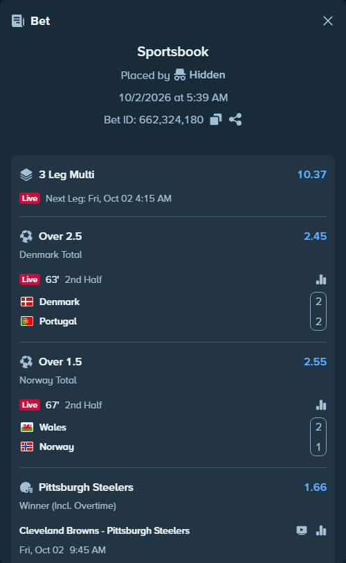 Bet slip: Denmark - Portugal, $100,000.00 stake at 2.45 odds, placed by Hidden
