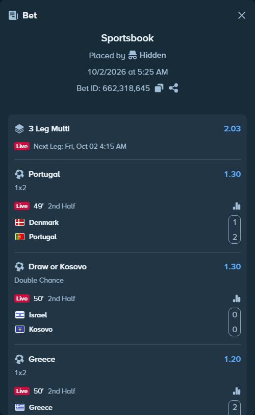 Bet slip: Denmark - Portugal, $10,384.25 stake at 1.30 odds, placed by Hidden