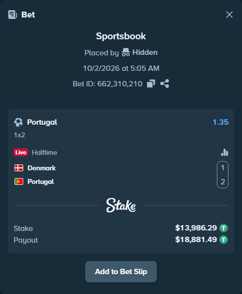Bet slip: Denmark - Portugal, $13,986.29 stake at 1.35 odds, placed by nandonzr