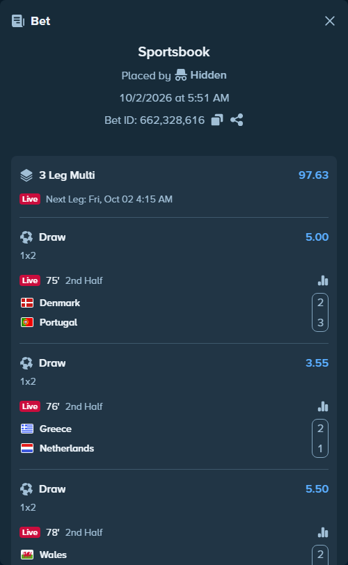 Bet slip: Denmark - Portugal, $25,000.00 stake at 5.00 odds, placed by Hidden