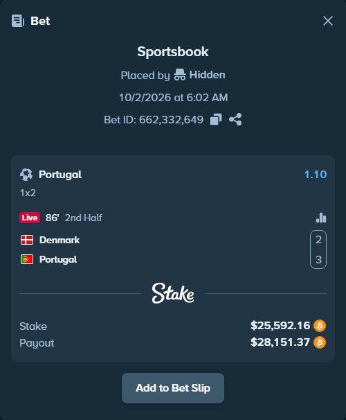 Bet slip: Denmark - Portugal, $25,497.52 stake at 1.10 odds, placed by hungrybox