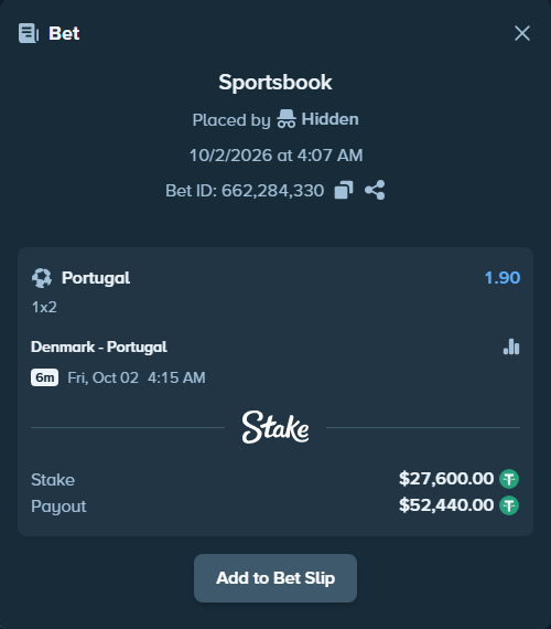 Bet slip: Denmark - Portugal, $27,600.00 stake at 1.90 odds, placed by carissagu2