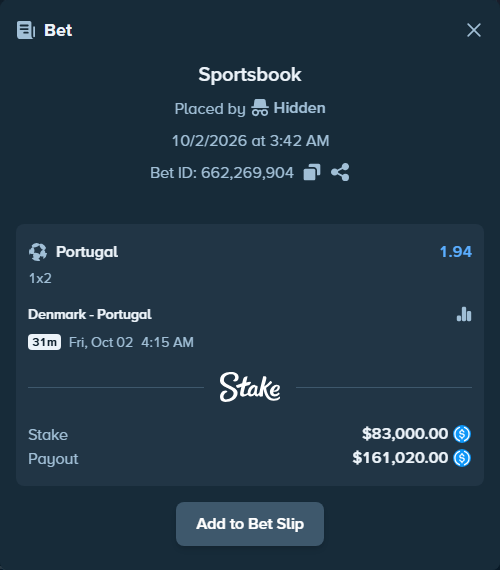 Bet slip: Denmark - Portugal, $83,000.00 stake at 1.94 odds, placed by szymool