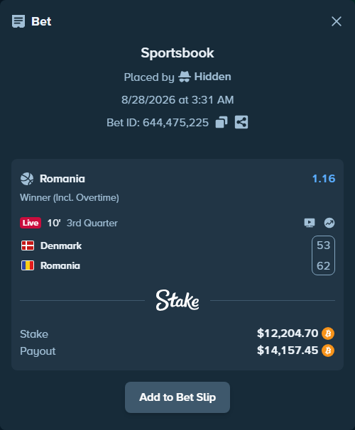 Bet slip: Denmark - Romania, $12,152.96 stake at 1.16 odds, placed by Hidden