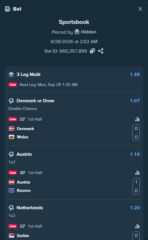 Bet slip: Denmark - Wales, $15,011.00 stake at 1.07 odds, placed by LATERAL007
