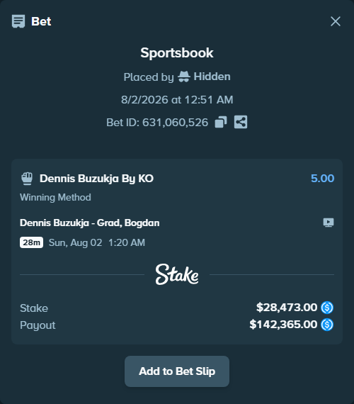 Bet slip: Dennis Buzukja - Grad, Bogdan, $28,473.00 stake at 5.00 odds, placed by Hidden