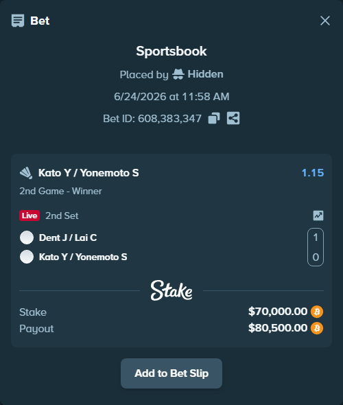 Bet slip: Dent J / Lai C - Kato Y / Yonemoto S, $65,356.56 stake at 1.15 odds, placed by Hidden