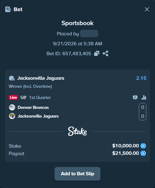 Bet slip: Denver Broncos - Jacksonville Jaguars, $10,000.00 stake at 2.15 odds, placed by Lybivsk25