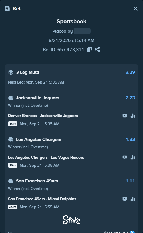 Bet slip: Denver Broncos - Jacksonville Jaguars, $10,715.43 stake at 2.23 odds, placed by Bigfoltz