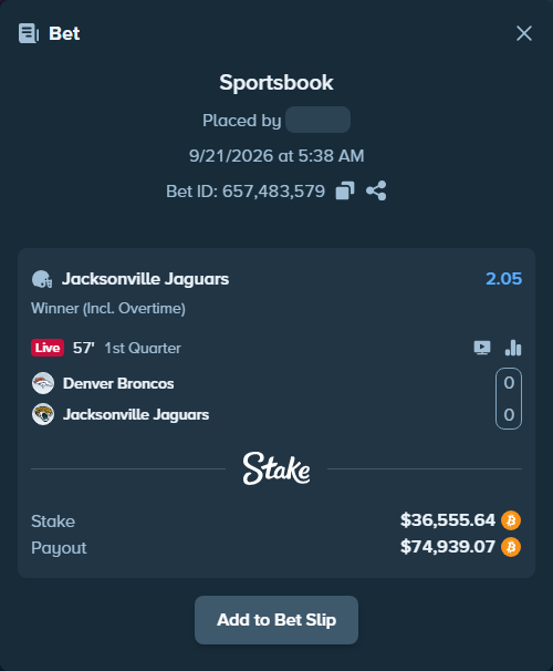 Bet slip: Denver Broncos - Jacksonville Jaguars, $36,622.80 stake at 2.05 odds, placed by Molle59