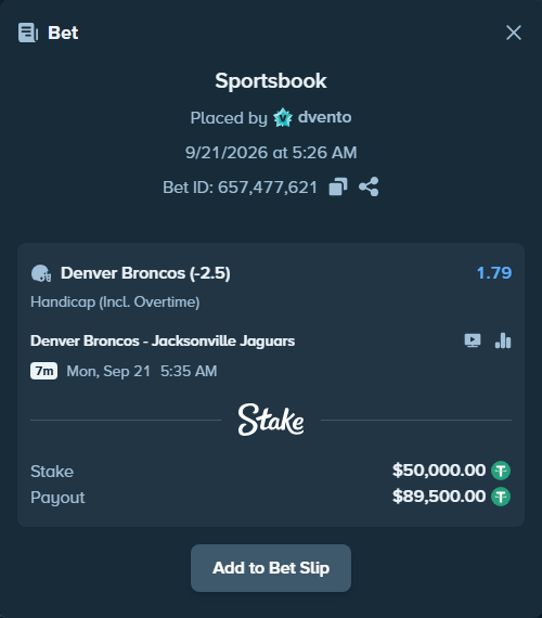 Bet slip: Denver Broncos - Jacksonville Jaguars, $50,000.00 stake at 1.79 odds, placed by dvento
