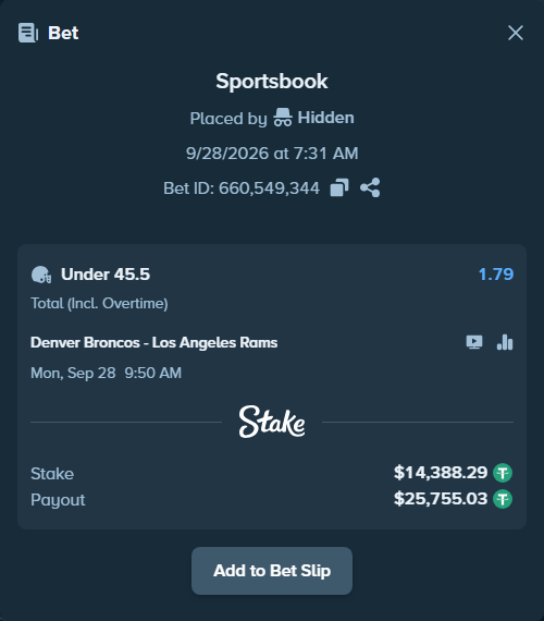 Bet slip: Denver Broncos - Los Angeles Rams, $14,388.29 stake at 1.79 odds, placed by dvento