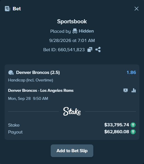 Bet slip: Denver Broncos - Los Angeles Rams, $33,795.74 stake at 1.86 odds, placed by dvento