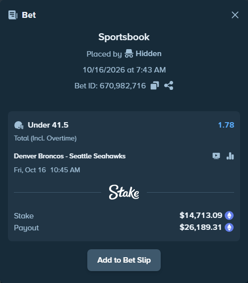 Bet slip: Denver Broncos - Seattle Seahawks, $14,741.70 stake at 1.78 odds, placed by Hidden