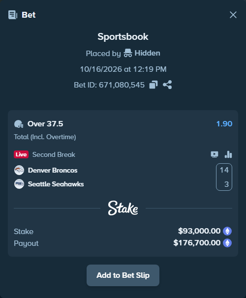 Bet slip: Denver Broncos - Seattle Seahawks, $93,750.92 stake at 1.90 odds, placed by Hidden