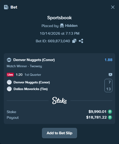Bet slip: Denver Nuggets (Conor) - Dallas Mavericks (Tim), $10,000.00 stake at 1.88 odds, placed by Hidden