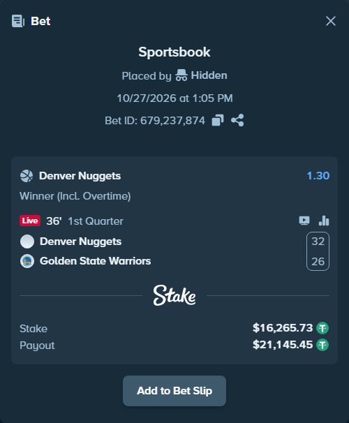 Bet slip: Denver Nuggets - Golden State Warriors, $16,282.00 stake at 1.30 odds, placed by Hanselwilliam1