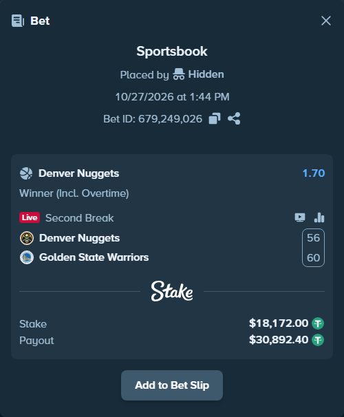 Bet slip: Denver Nuggets - Golden State Warriors, $18,190.17 stake at 1.70 odds, placed by luisp0310