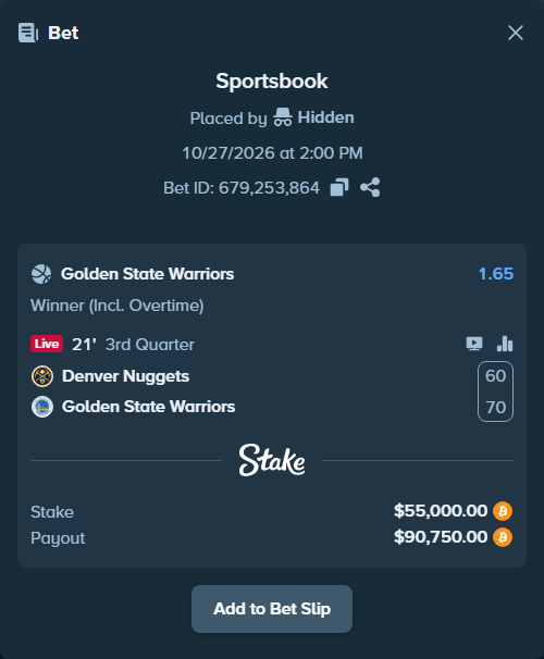 Bet slip: Denver Nuggets - Golden State Warriors, $55,168.67 stake at 1.65 odds, placed by Hidden