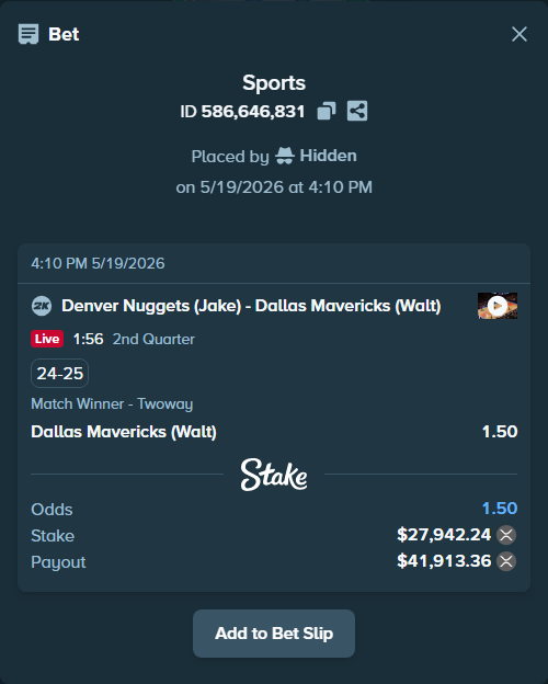 Bet slip: Denver Nuggets (Jake) - Dallas Mavericks (Walt), $23,206.87 stake at 1.50 odds, placed by Hidden