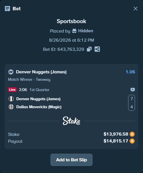 Bet slip: Denver Nuggets (James) - Dallas Mavericks (Magic), $13,871.13 stake at 1.06 odds, placed by Hidden