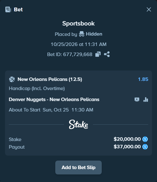 Bet slip: Denver Nuggets - New Orleans Pelicans, $20,000.00 stake at 1.85 odds, placed by Hidden
