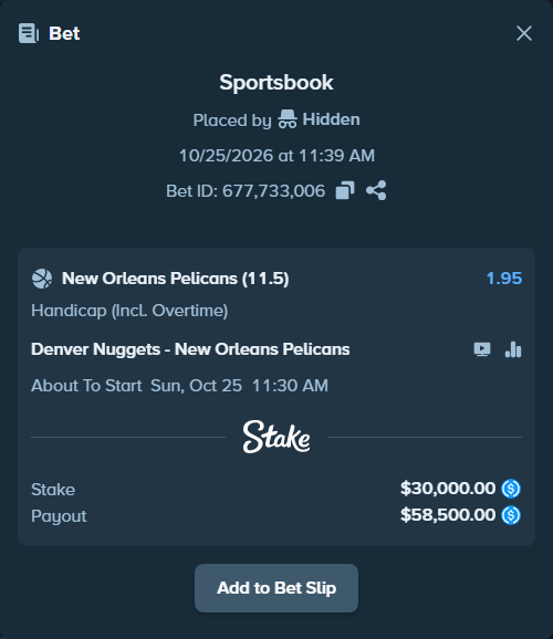 Bet slip: Denver Nuggets - New Orleans Pelicans, $30,000.00 stake at 1.95 odds, placed by dumanskyi