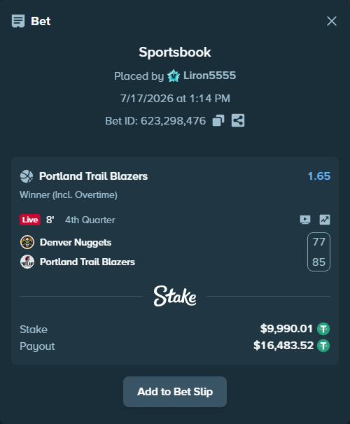 Bet slip: Denver Nuggets - Portland Trail Blazers, $10,000.00 stake at 1.65 odds, placed by Liron5555