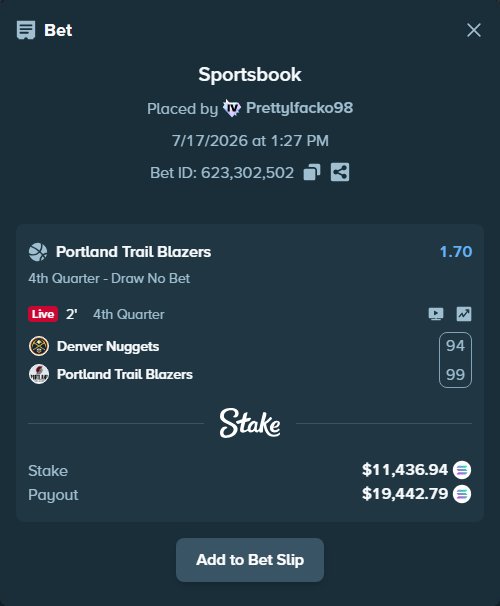 Bet slip: Denver Nuggets - Portland Trail Blazers, $11,045.61 stake at 1.70 odds, placed by Prettylfacko98